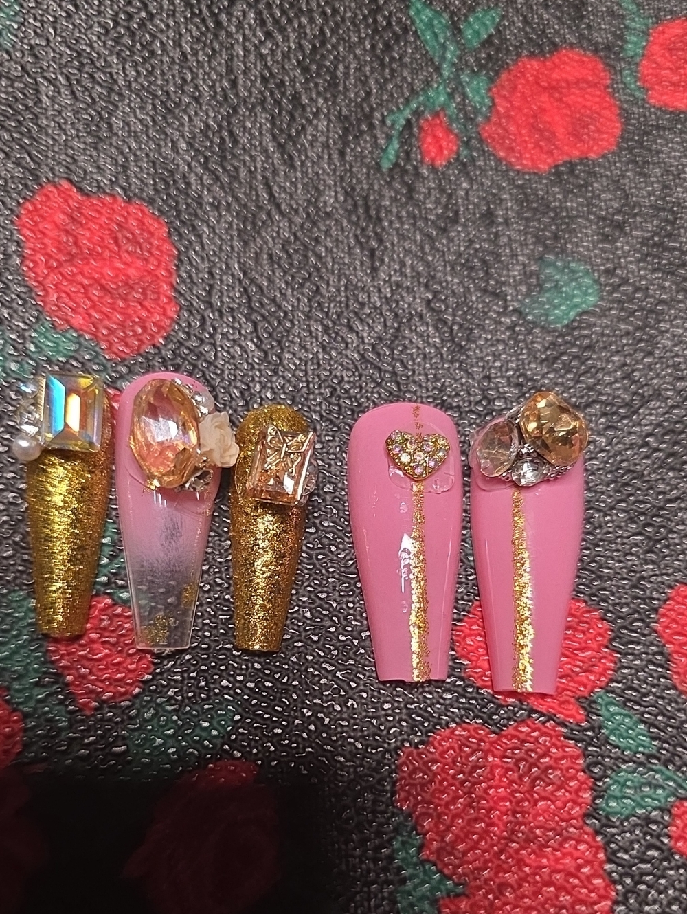 Gold Rhinestone 5pc Yellow Gems Nail Jewelery No Nails